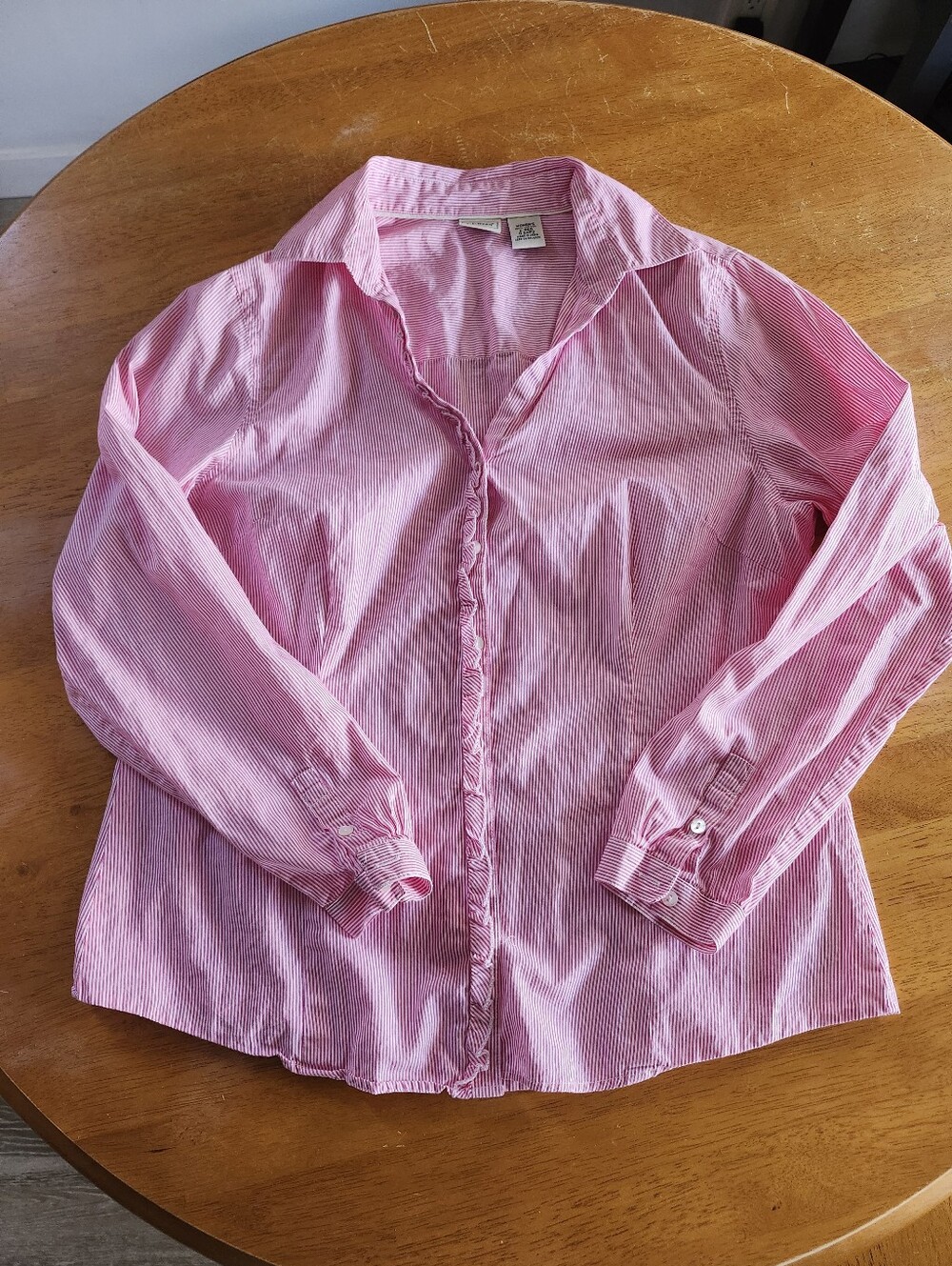 L.L.Bean Pink Pinstripe Ruffle Button Up Shirt 100% Cotton, Large